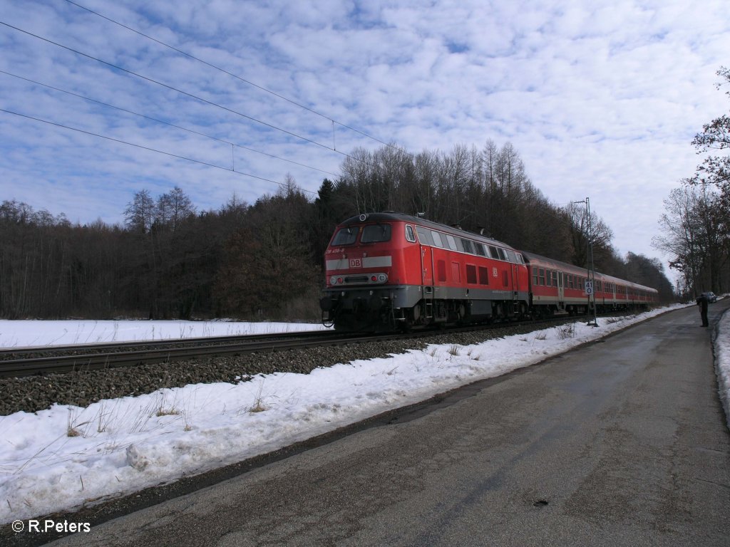 Nachschuss von 218 458-8 die den RE32607 Mnchen bei Geltendorf schiebt. 28.02.09
