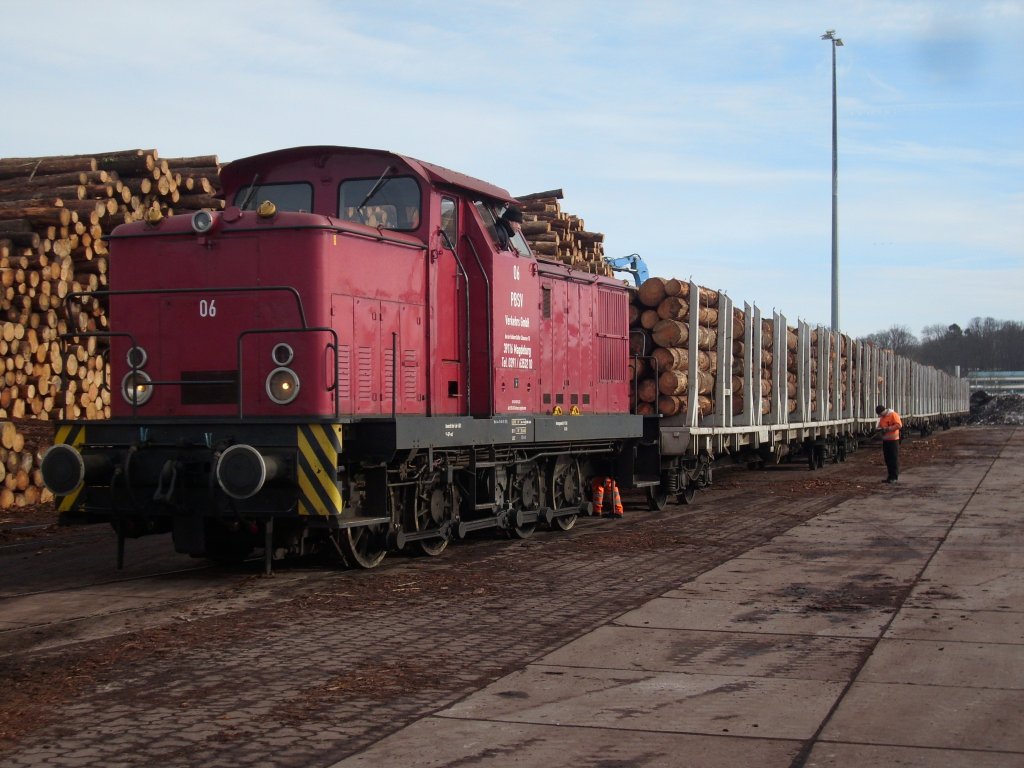 PBSV-Lok Nr.06 am 28.Februar 2010 beim Abholen von Holzwagen aus dem Stralsunder Sdhafen.
