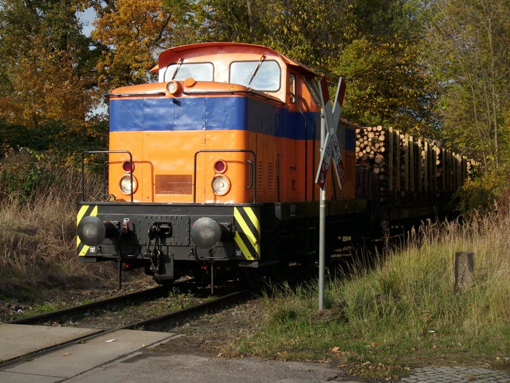 RFH-Lok V60 Nr.1 mit einem Holzzug vom Hafen auf dem bergabegleis in Rostock-Bramow am 31.Oktober 2009.