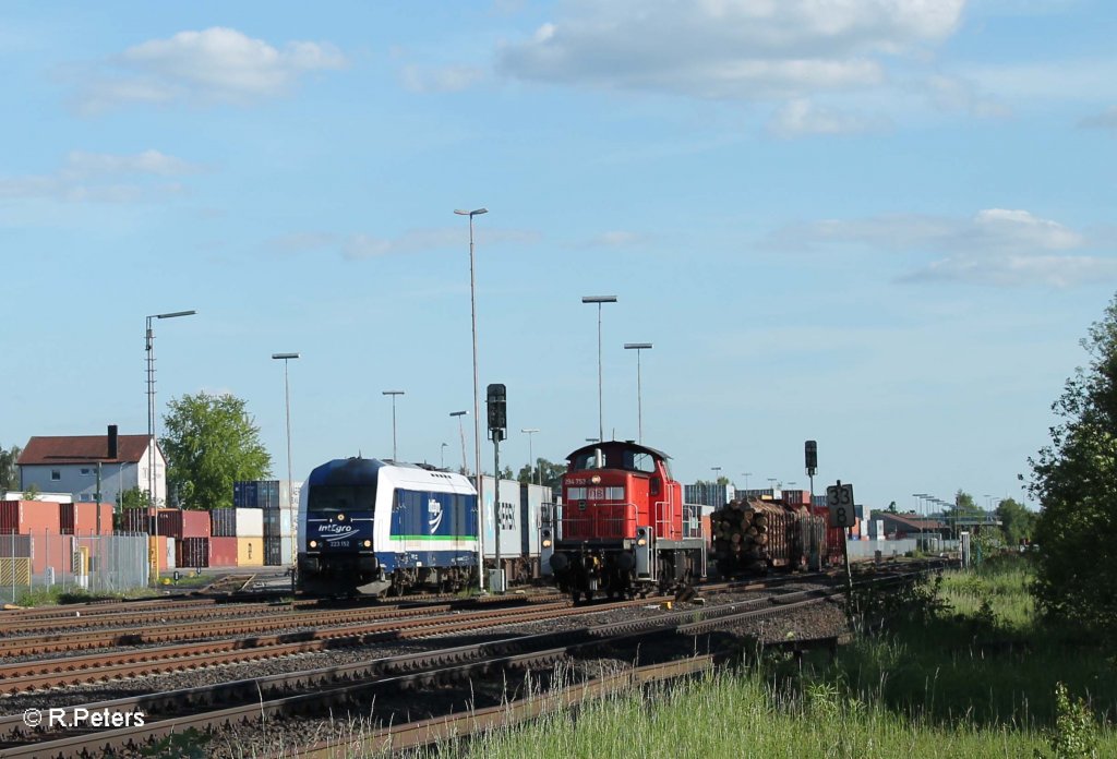 Treffen von 2 verschiedenen Holztransportzgen.... 223 152 mit Container im ATW und 294 753-9 beim Umsetzen von bergabezug 56960 Marktredwitz - ATW Wiesau. 05.06.13