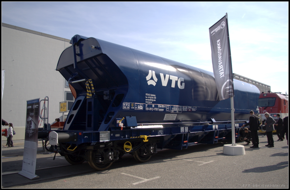 Waggon der Gattung Tagnpps f�r den Transport von Getreide auf der InnoTrans 2012 in Berlin. Gebaut bei TATRAVAGONKA a.s., Poprad, Slovakei. Baujahr 2012, Nummer 018 (NVR-Nummer 37 TEN-RIV 80 D-VTGD 0764 018-8 Tagnpps)