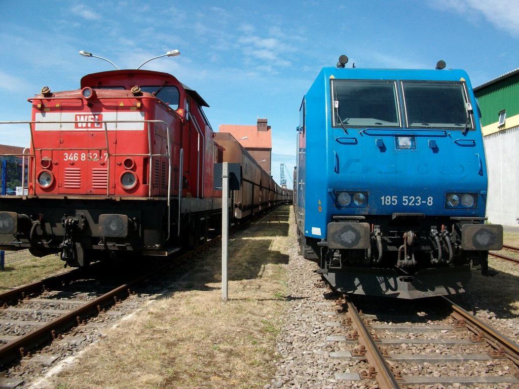 WFL 346 852 und 185 523 im Einsatz fr CTL-Cargo Deutschland am 08.Juli 2010 in Stralsund Nordhafen.