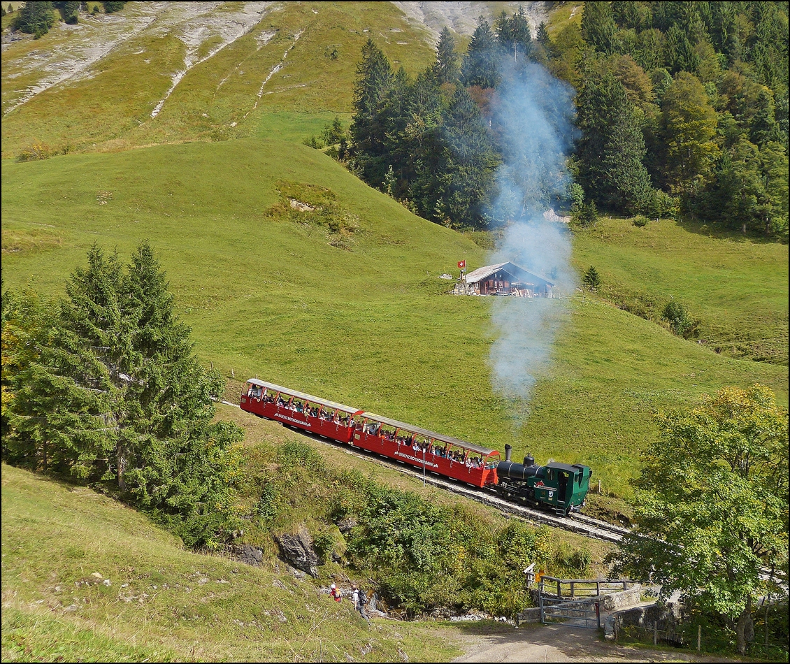 . Ein BRB Zug hat die Station Planalp (1341 m.ü.m.) verlassen und macht sich auf den Weg zum Gipfel des Brienzer Rothorns. 28.09.2013 (Hans)