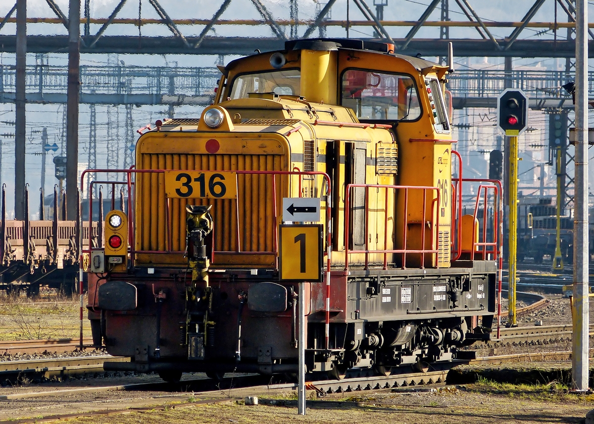 . Motiv verdeckt und trotzdem war mir die etwas verdeckte Sicht auf die tolle Lok dieses Bild wert. Die CFL Cargo Rangierlok 316 (MaK G 850 BB) war am 31.01.2014 kurze Zeit im Rangierbahnhof Esch/Belval abgestellt. (Jeanny)