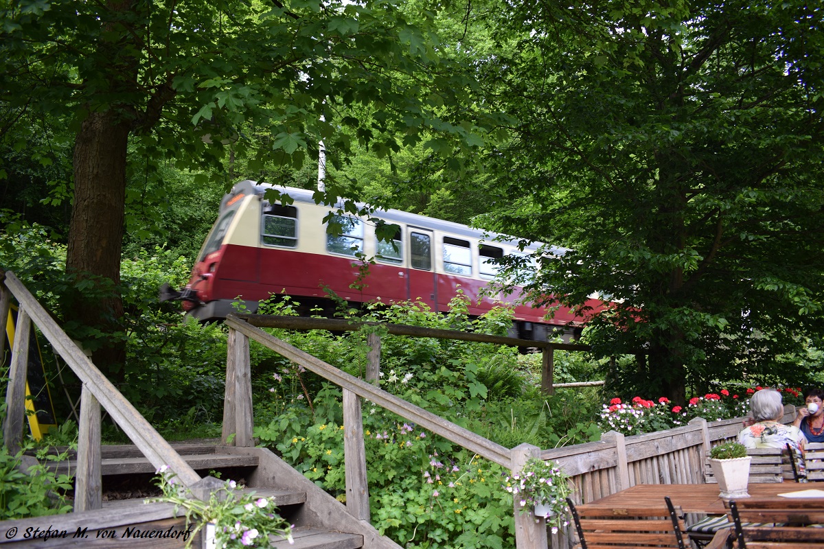 02.06.2017: Triebwagen in Richtung Gernrode fährt entlang des Scheunencafes Drahtzug.