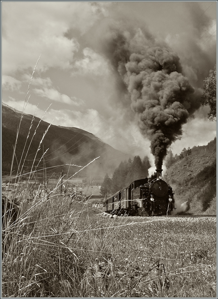 100 Jahre Brig - Gletsch: die DFB HG 3/4 N� 9 hat Oberwald verlasen und dampft nun Richtung Gletsch. 16. August 2014