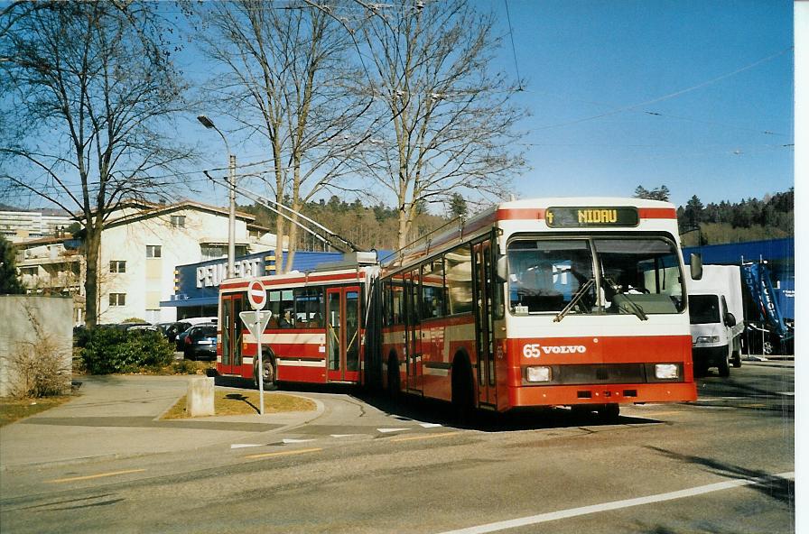 (104'214) - VB Biel - Nr. 65 - Volvo/R&J Gelenktrolleybus am 16. Februar 2008 in Biel, L�hre