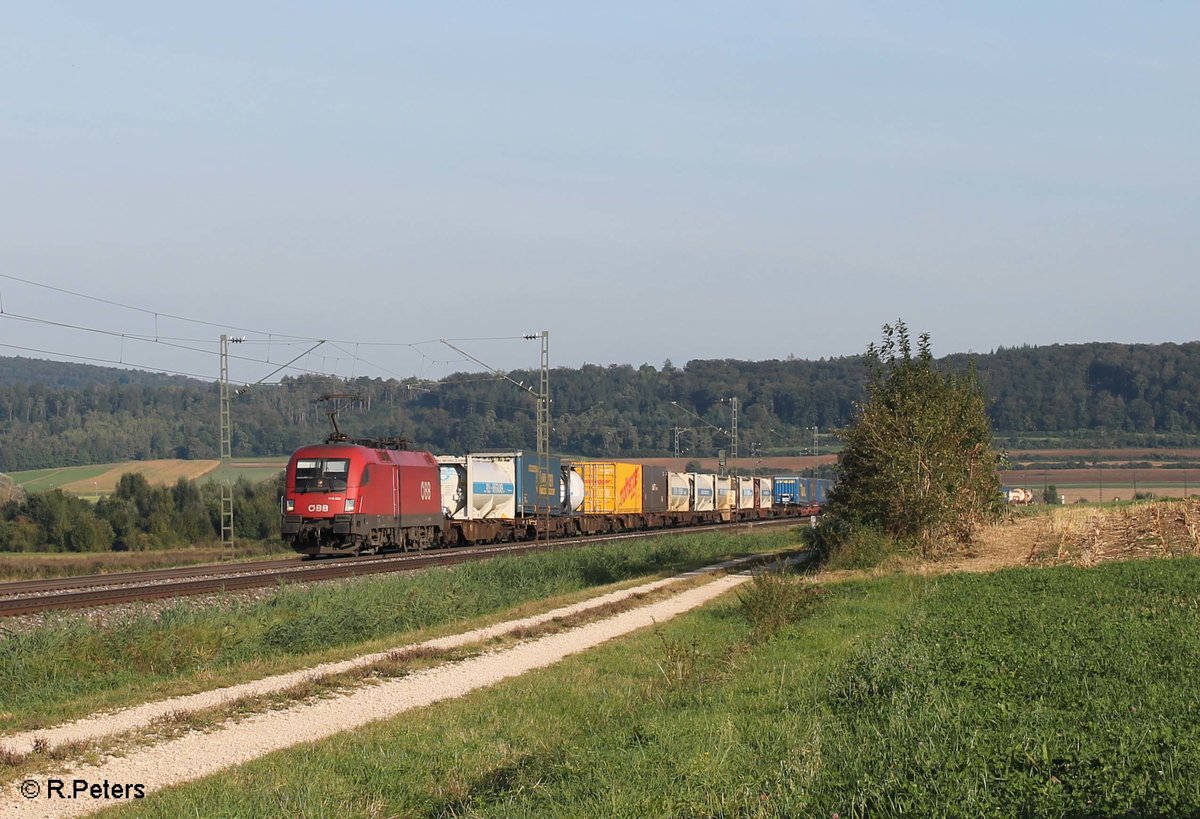 1116 058 zieht einen Wechselpritschenzug bei Wettelsheim kurz hinter Treuchtlingen gen Norden. 24.09.16