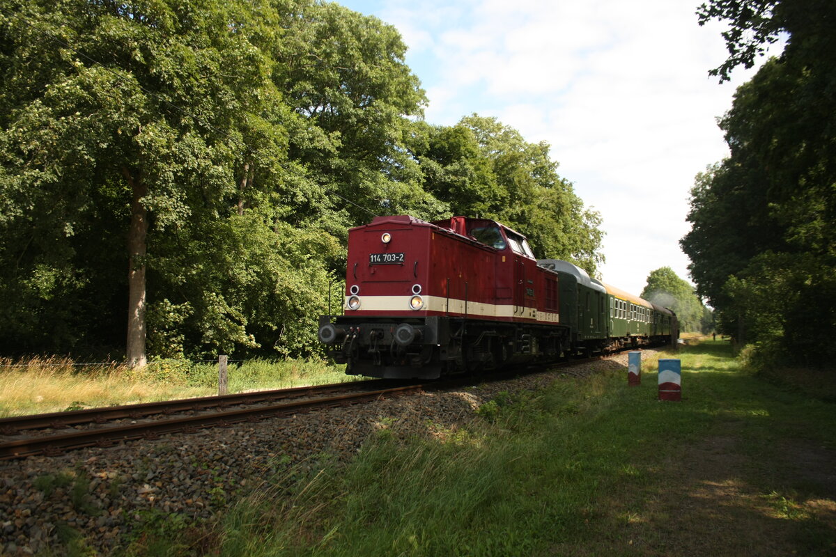 114 703 (203 230) und 86 1744 Mit Ziel Bergen auf R�gen bei der Vorbeifahrt an Neklade am 31.7.21