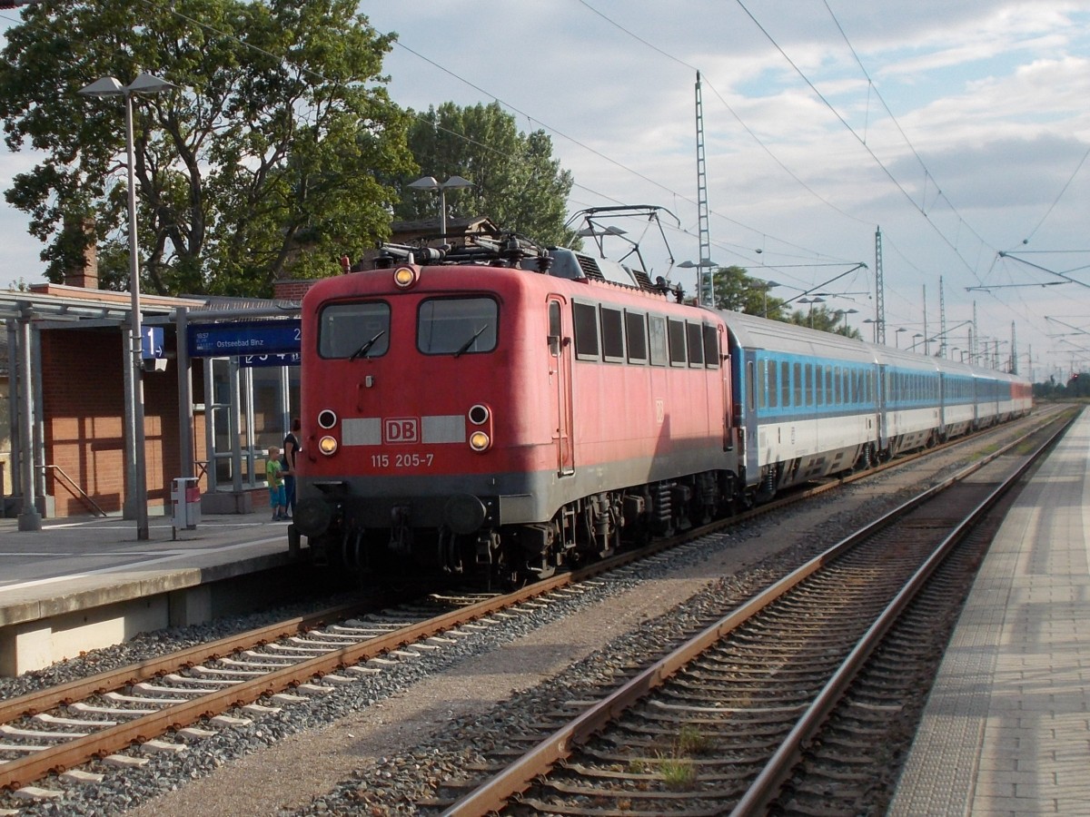 115 205 kam,am 13.Juli 2014,mit dem EC 378 Bratislava-Binz,in Bergen/Rügen an.