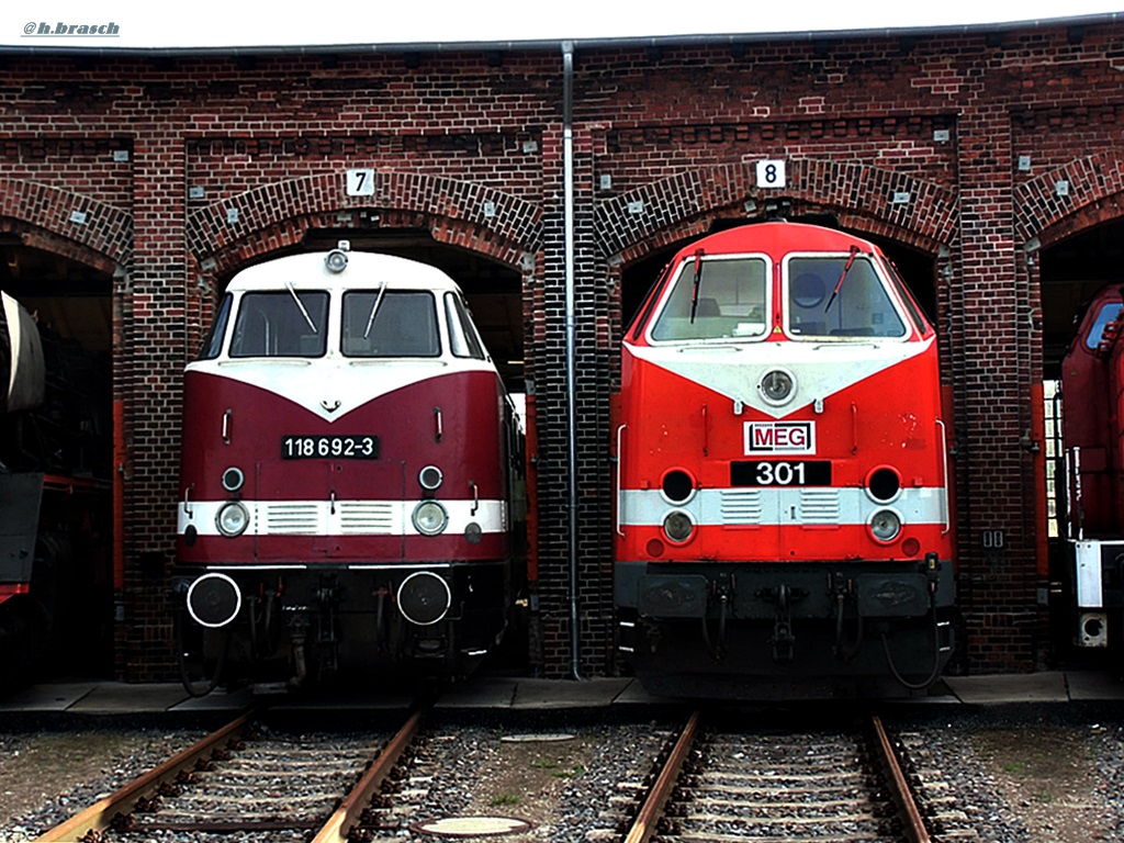 118 692-3 und MEG-301,standen im ringlokschuppen von wittenberge,beim tag der offenen t�r,am 12.10.14