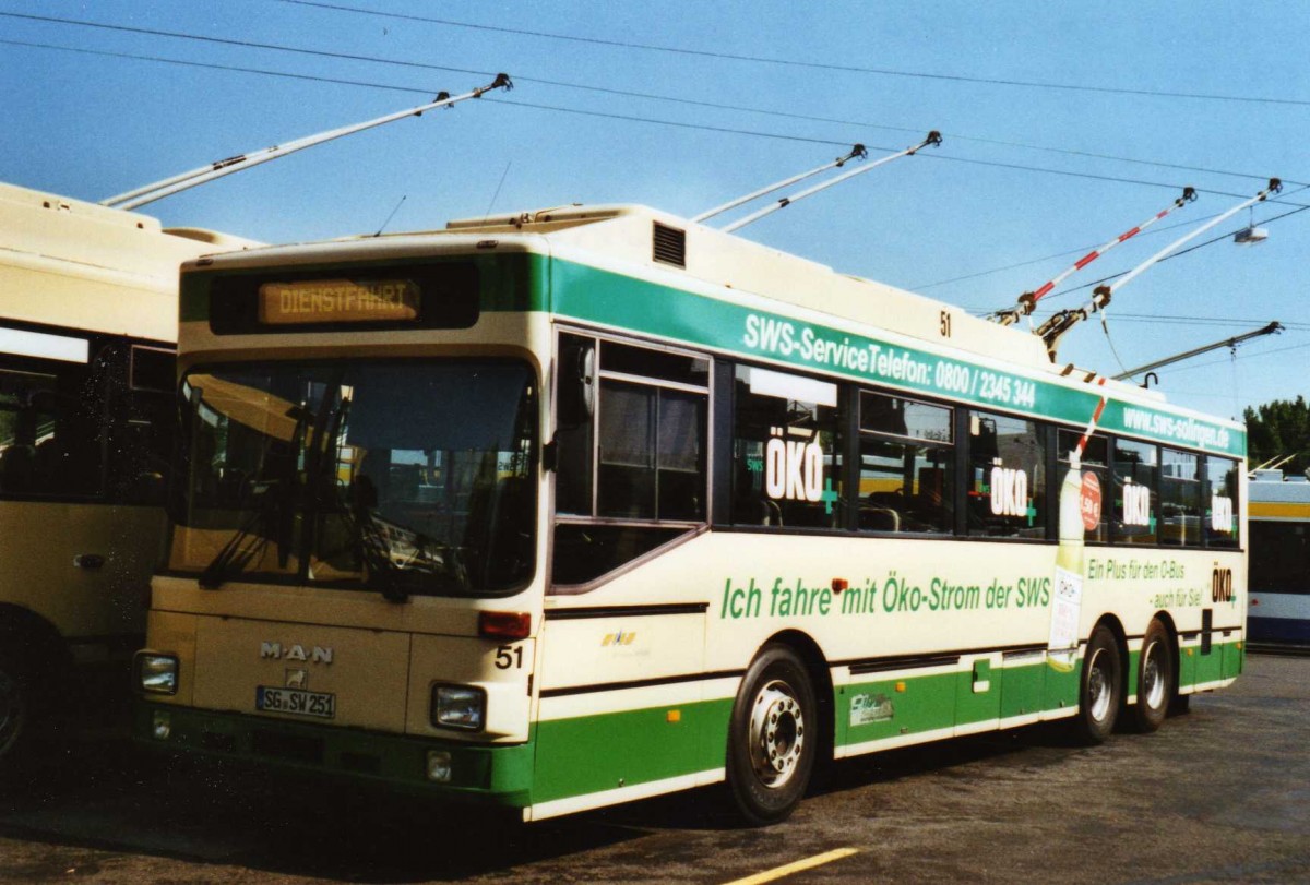 (118'130) - SWS Solingen - Nr. 51/SG-SW 251 - MAN/Gr�f&Stift Trolleybus am 5. Juli 2009 in Solingen, Betriebshof