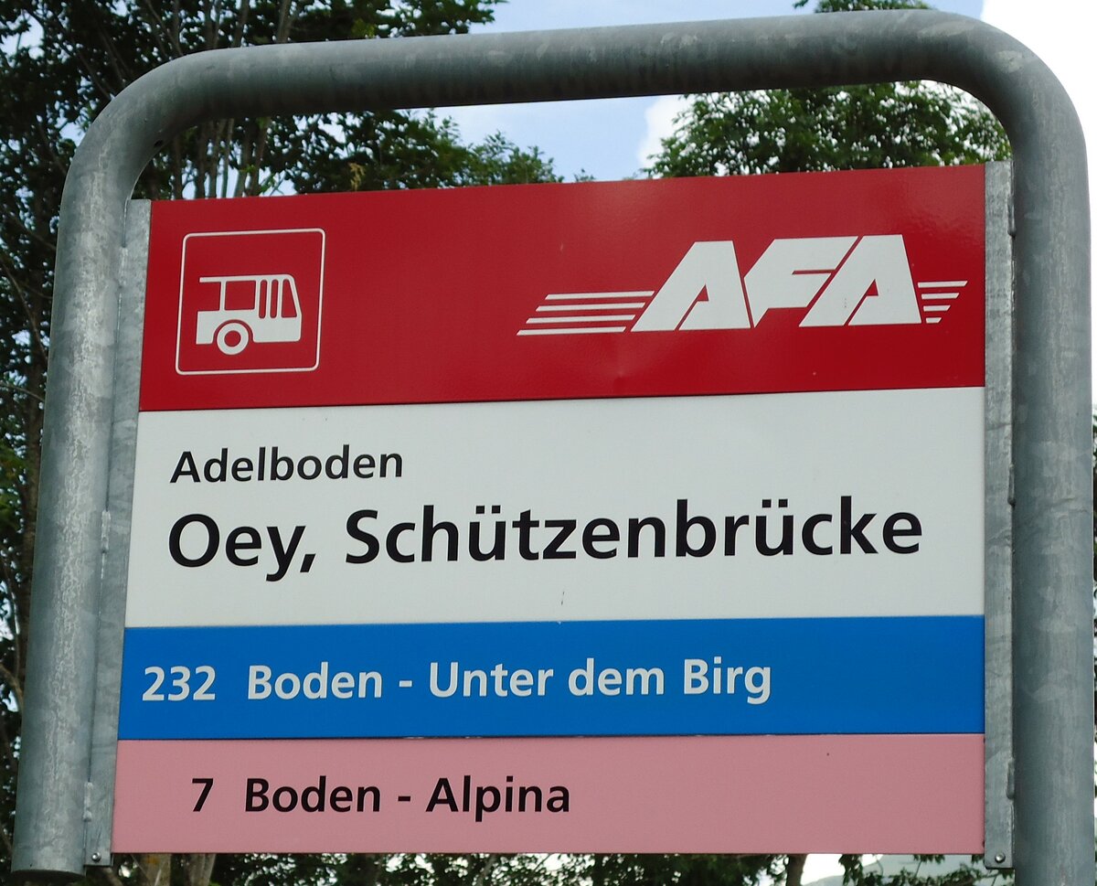 (127'964) - AFA-Haltestellenschild - Adelboden, Oey, Sch�tzenbr�cke - am 11. Juli 2010