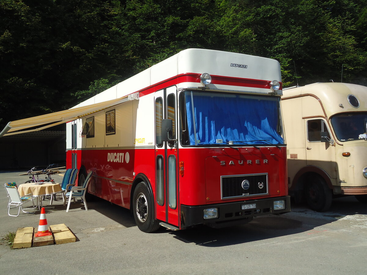 (128'995) - Wirz, Schlattingen - TG 105'758 - Saurer (ex Verkaufswagen) am 22. August 2010 in Thayngen, Wohnbustreffen