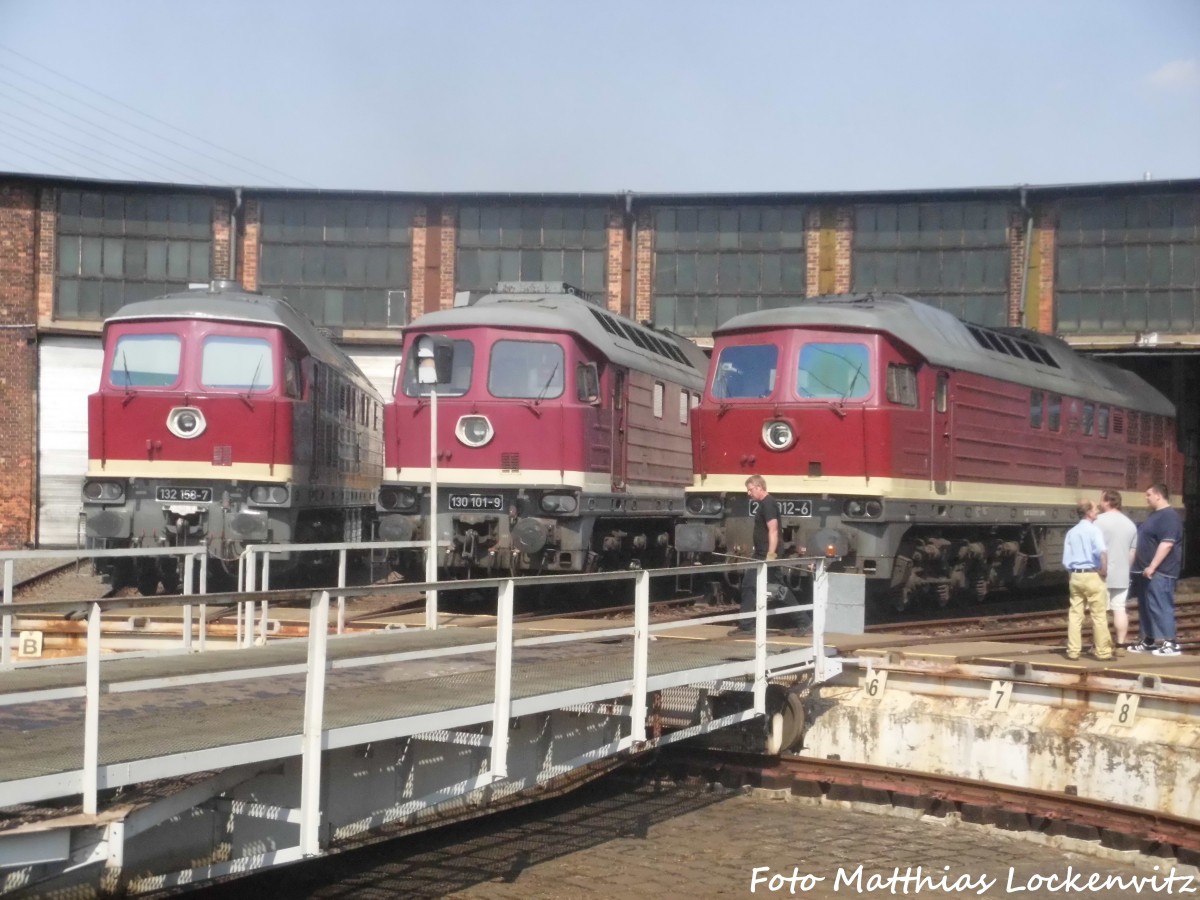 130 101, 231 012 und 132 158 im Bw Halle G in Halle (Saale) am 4.7.15