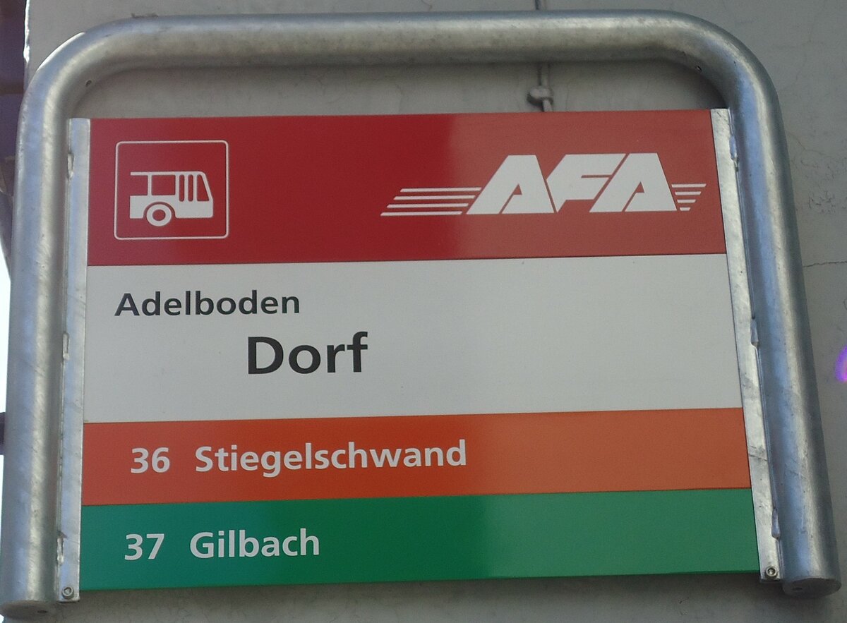 (130'363) - AFA-Haltestellenschild - Adelboden, Dorf - am 11. Oktober 2010