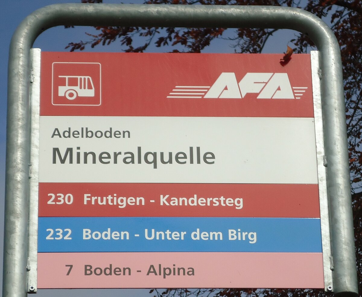 (130'369) - AFA-Haltestellenschild - Adelboden, Mineralquelle - am 11. Oktober 2010