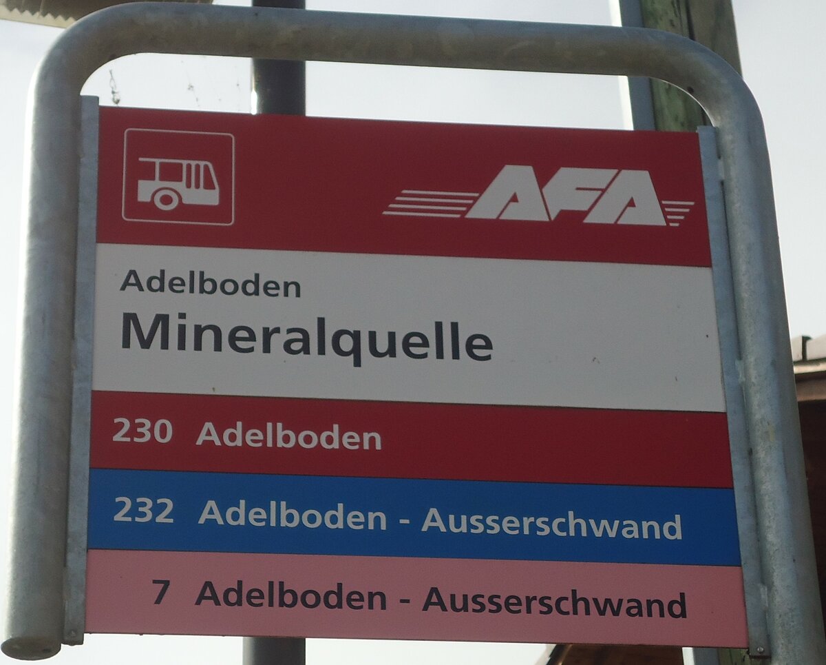 (130'370) - AFA-Haltestellenschild - Adelboden, Mineralquelle - am 11. Oktober 2010