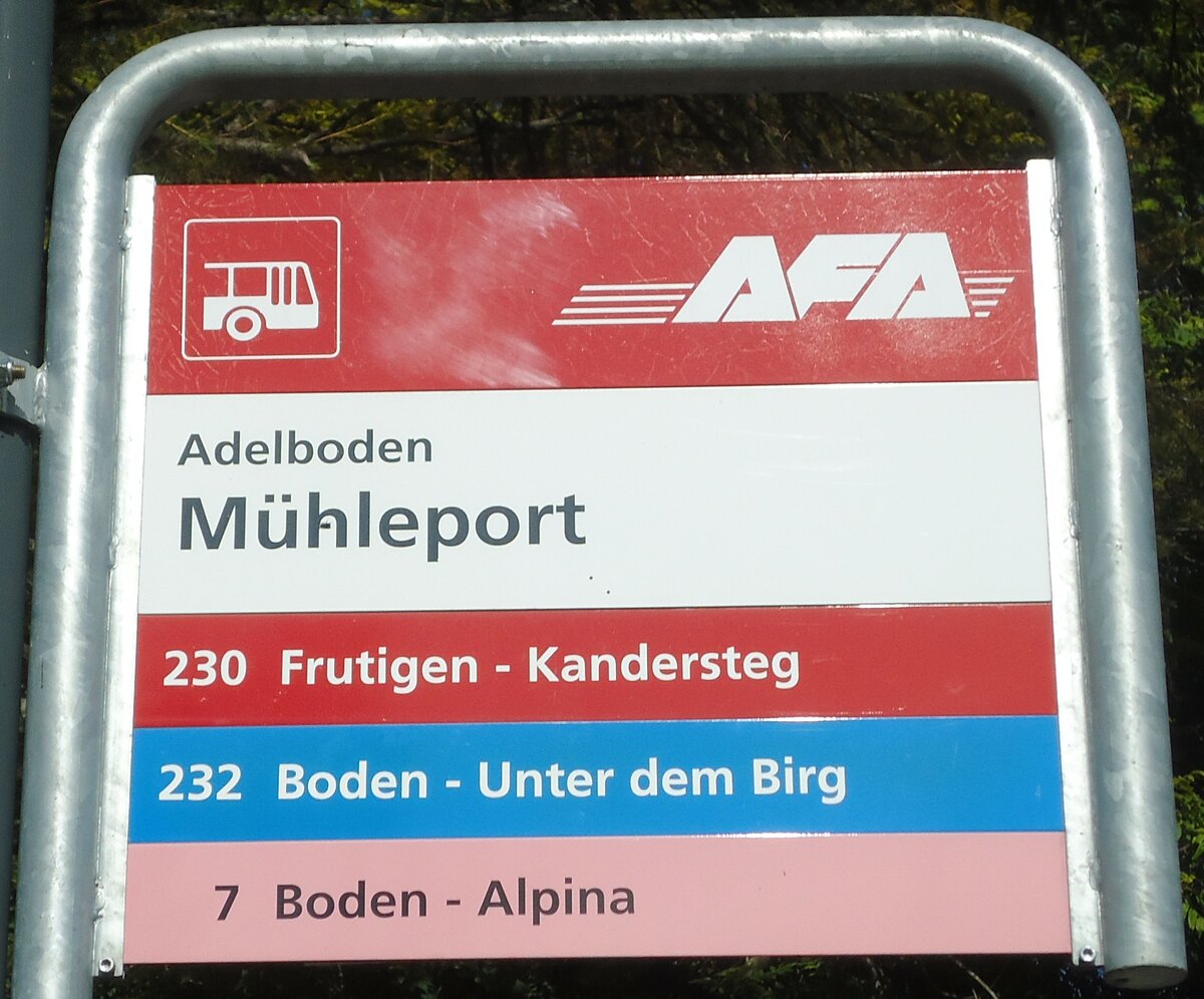 (130'371) - AFA-Haltestellenschild - Adelboden, Mhleport - am 11. Oktober 2010