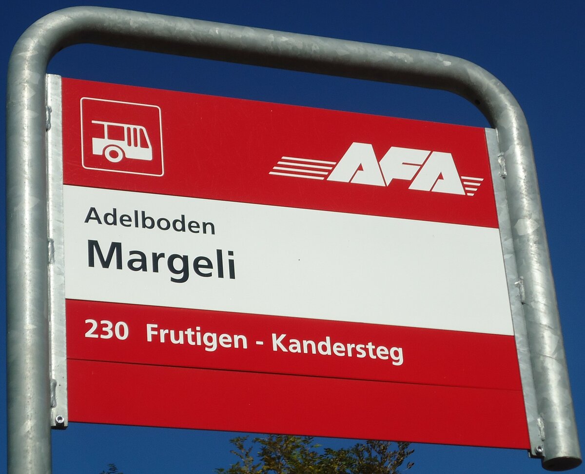 (130'378) - AFA-Haltestellenschild - Adelboden, Margeli - am 11. Oktober 2010