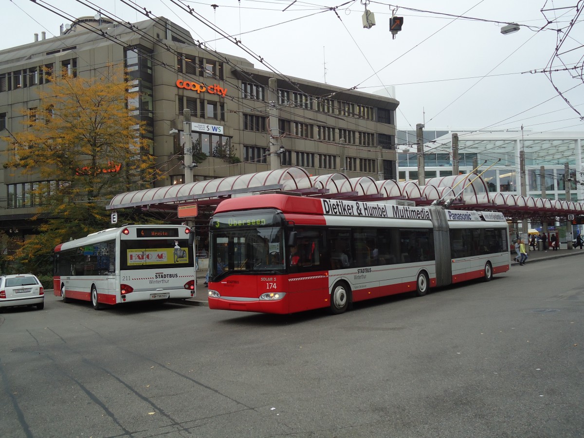 (130'446) - SW Winterthur - Nr. 174 - Solaris Gelenktrolleybus am 13. Oktober 2010 beim Hauptbahnhof Winterthur