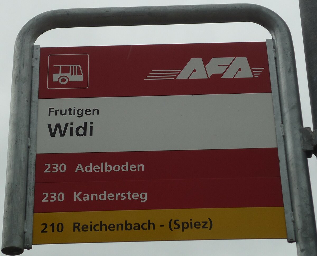 (130'992) - AFA/PostAuto-Haltestellenschild - Frutigen, Widi - am 15. November 2010