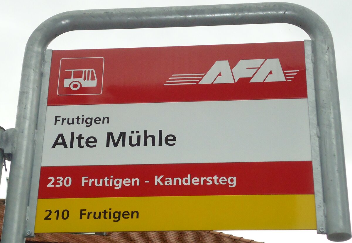 (130'994) - AFA/PostAuto-Haltestellenschild - Frutigen, Alte Mhle - am 15. November 2010