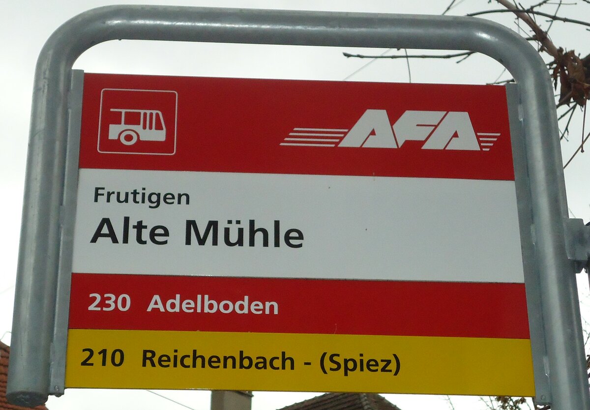 (130'995) - AFA/PostAuto-Haltestellenschild - Frutigen, Alte Mhle - am 15. November 2010