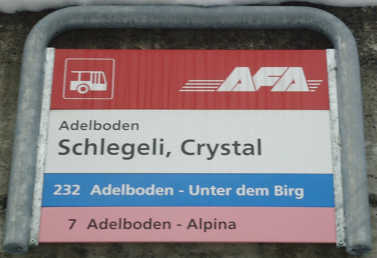 (131'122) - AFA-Haltestellenschild - Adelboden, Schlegeli, Crystal - am 28. November 2010