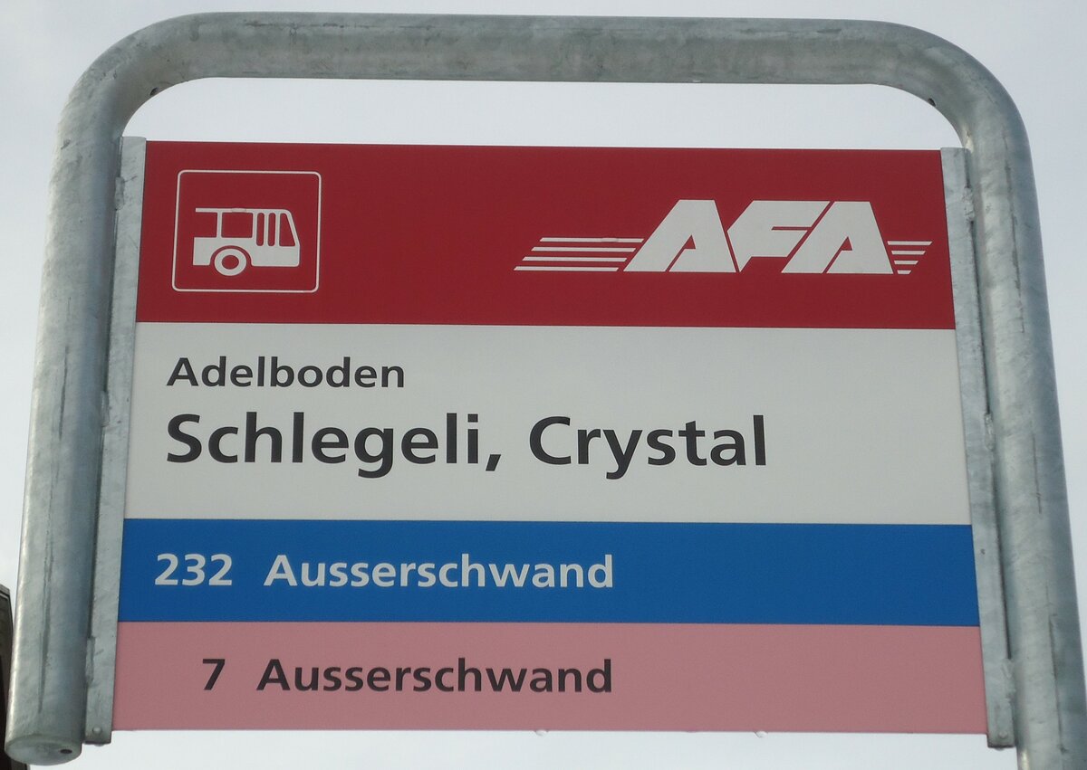 (131'123) - AFA-Haltestellenschild - Adelboden, Schlegeli, Crystal - am 28. November 2010