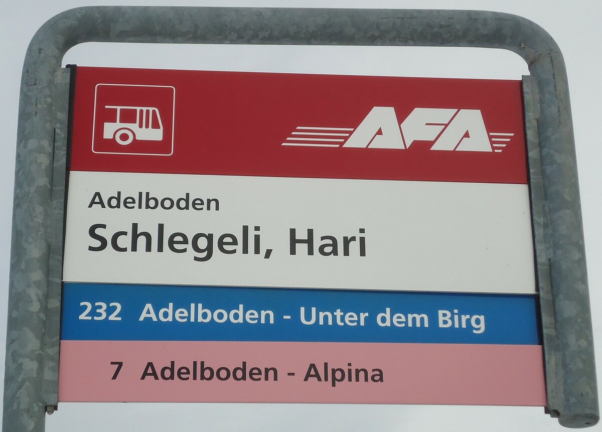 (131'124) - AFA-Haltestellenschild - Adelboden, Schlegeli, Hari - am 28. November 2010