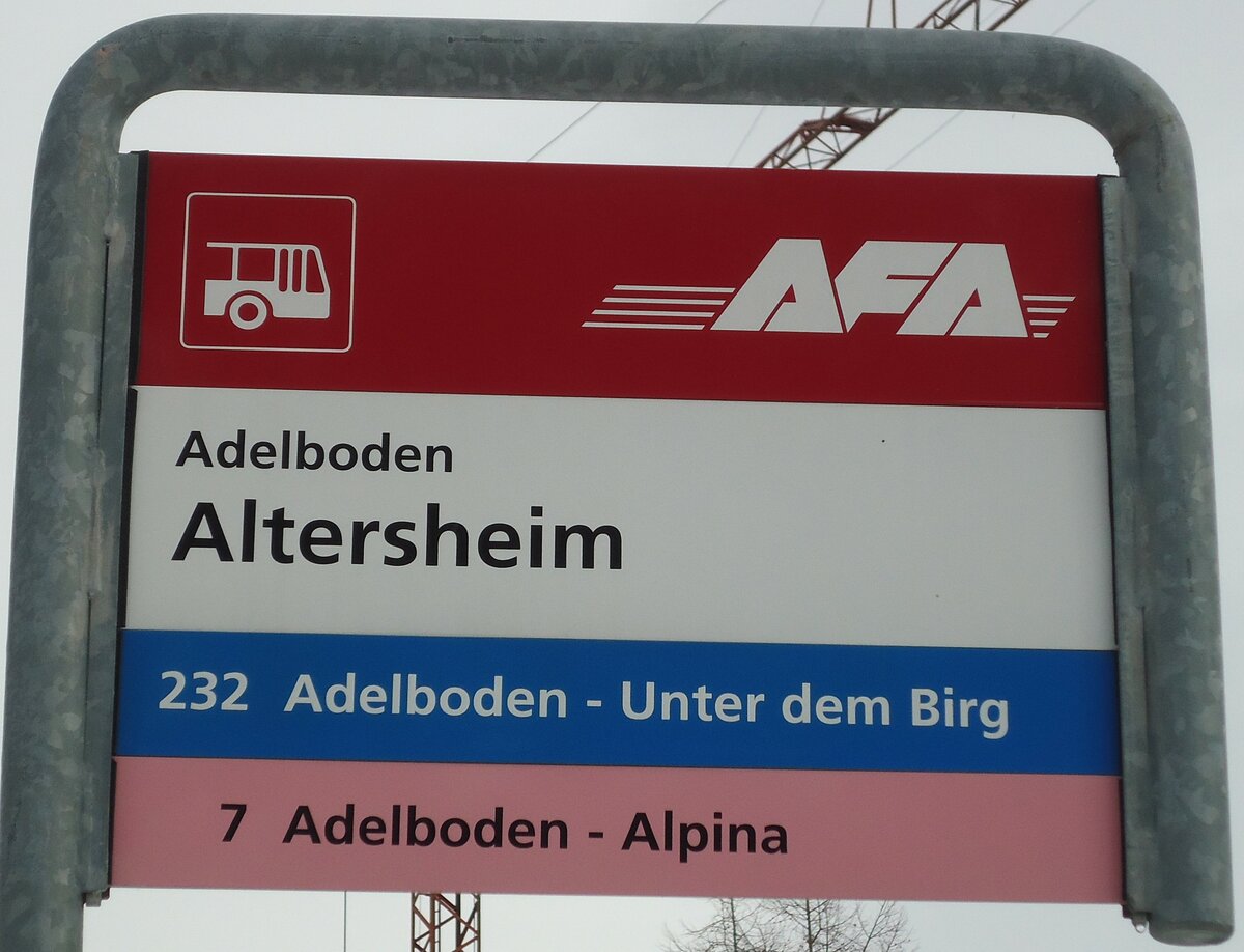 (131'126) - AFA-Haltestellenschild - Adelboden, Altersheim - am 28. November 2010