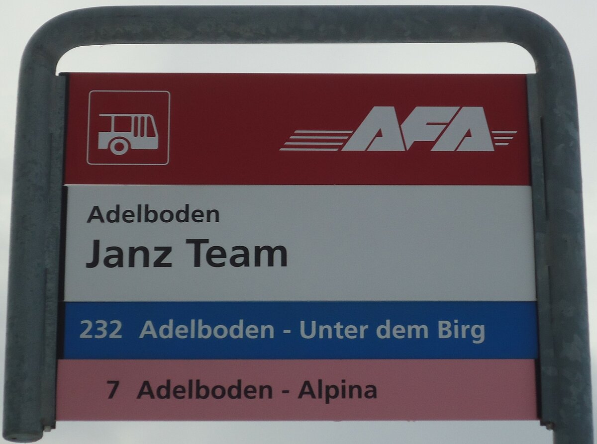 (131'127) - AFA-Haltestellenschild - Adelboden, Janz Team - am 28. November 2010