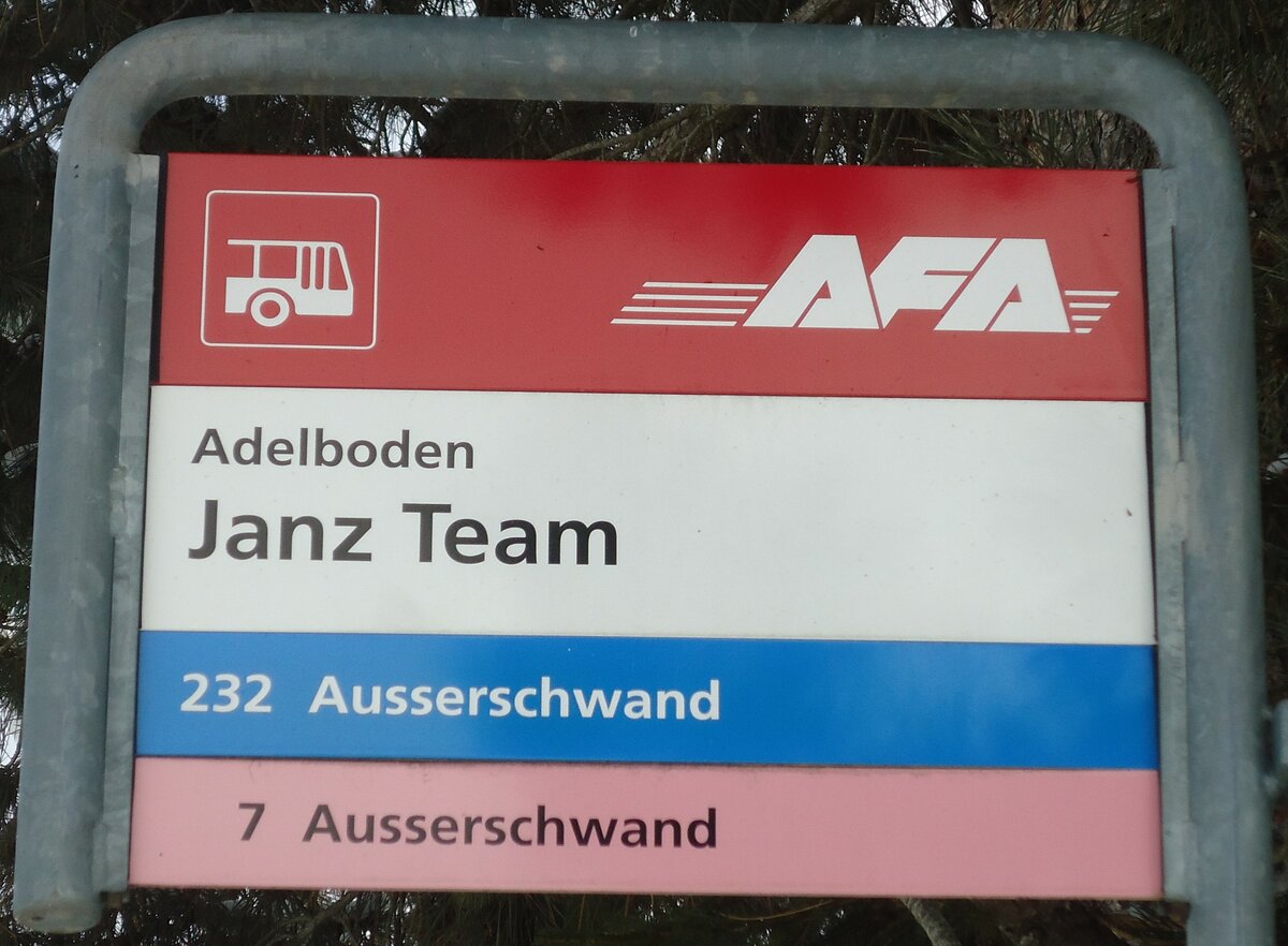 (131'128) - AFA-Haltestellenschild - Adelboden, Janz Team - am 28. November 2010