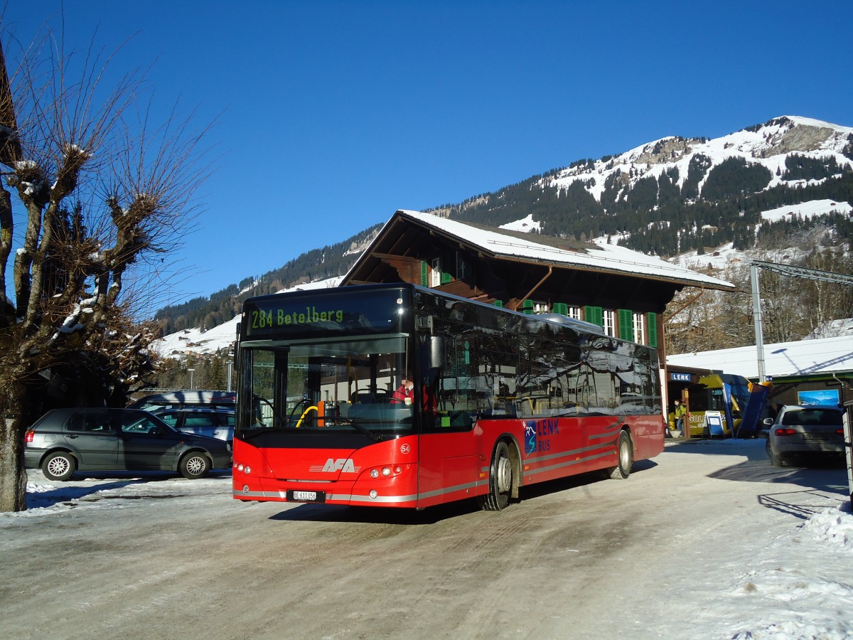 (131'922) - AFA Adelboden - Nr. 54/BE 611'056 - Neoplan (ex VBZ Z�rich Nr. 243) am 1. Januar 2011 beim Bahnhof Lenk