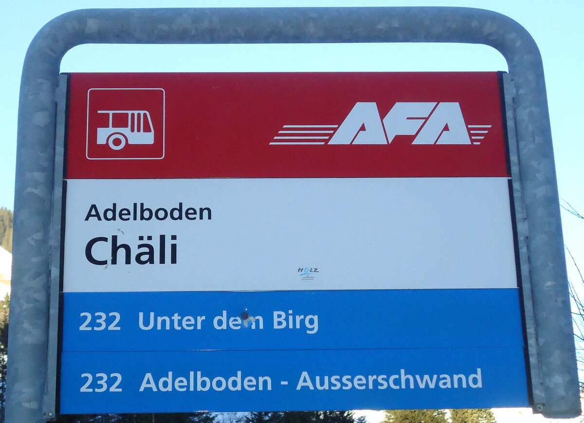 (132'106) - AFA-Haltestellenschild - Adelboden, Ch�li - am 8. Januar 2011