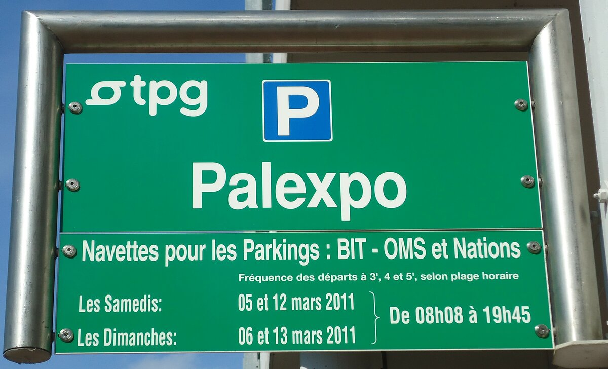 (132'845) - tpg-Haltestellenschild - Gen�ve, Palexpo - am 10. M�rz 2011