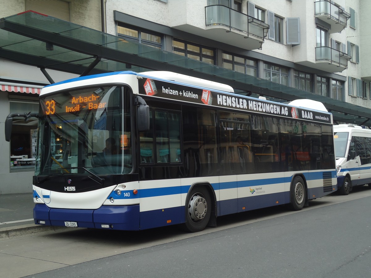 (137'959) - ZVB Zug - Nr. 140/ZG 3390 - Scania/Hess am 6. Mrz 2012 beim Bahnhof Zug