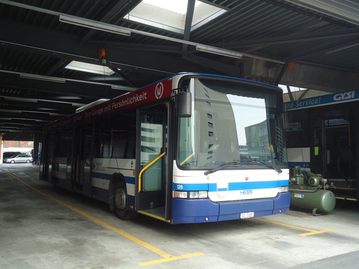 (138'016) - ZVB Zug - Nr. 128/ZG 3388 - Scania/Hess (ex Nr. 158) am 6. Mrz 2012 in Zug, Garage