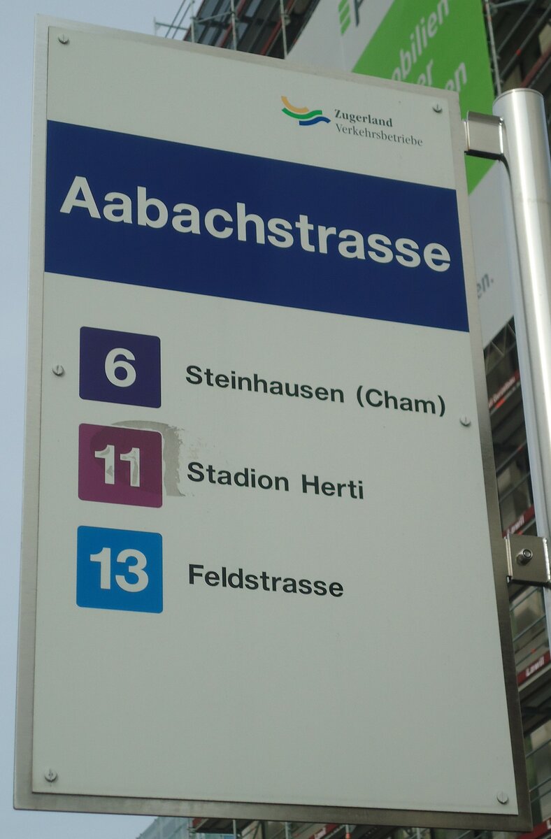 (138'043) - Zugerland Verkehrsbetriebe-Haltestellenschild - Zug, Aabachstrasse - am 6. M�rz 2012