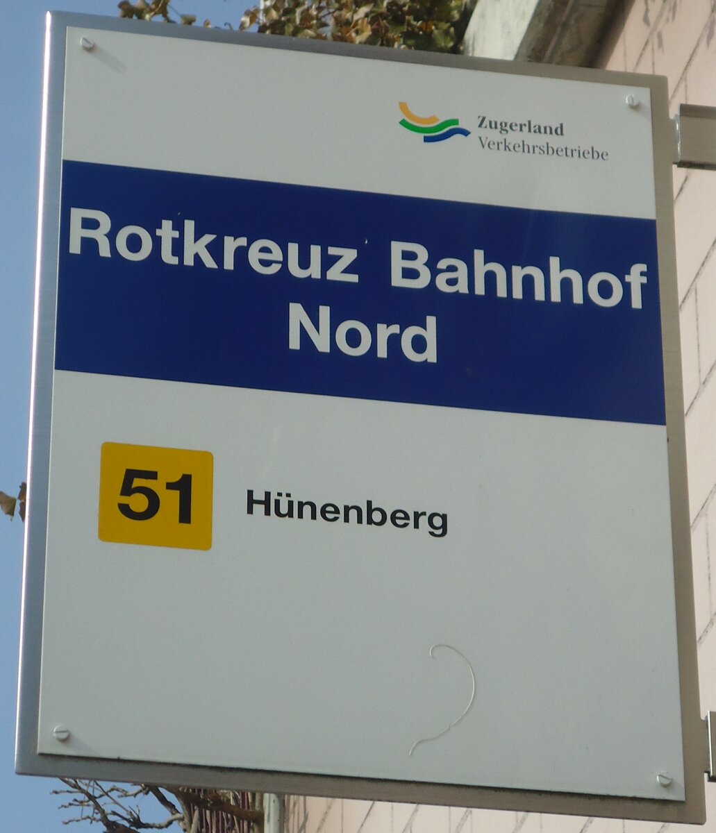(138'053) - Zugerland Verkehrsbetriebe-Haltestellenschild - Rotkreuz, Bahnhof Nord - am 6. M�rz 2012