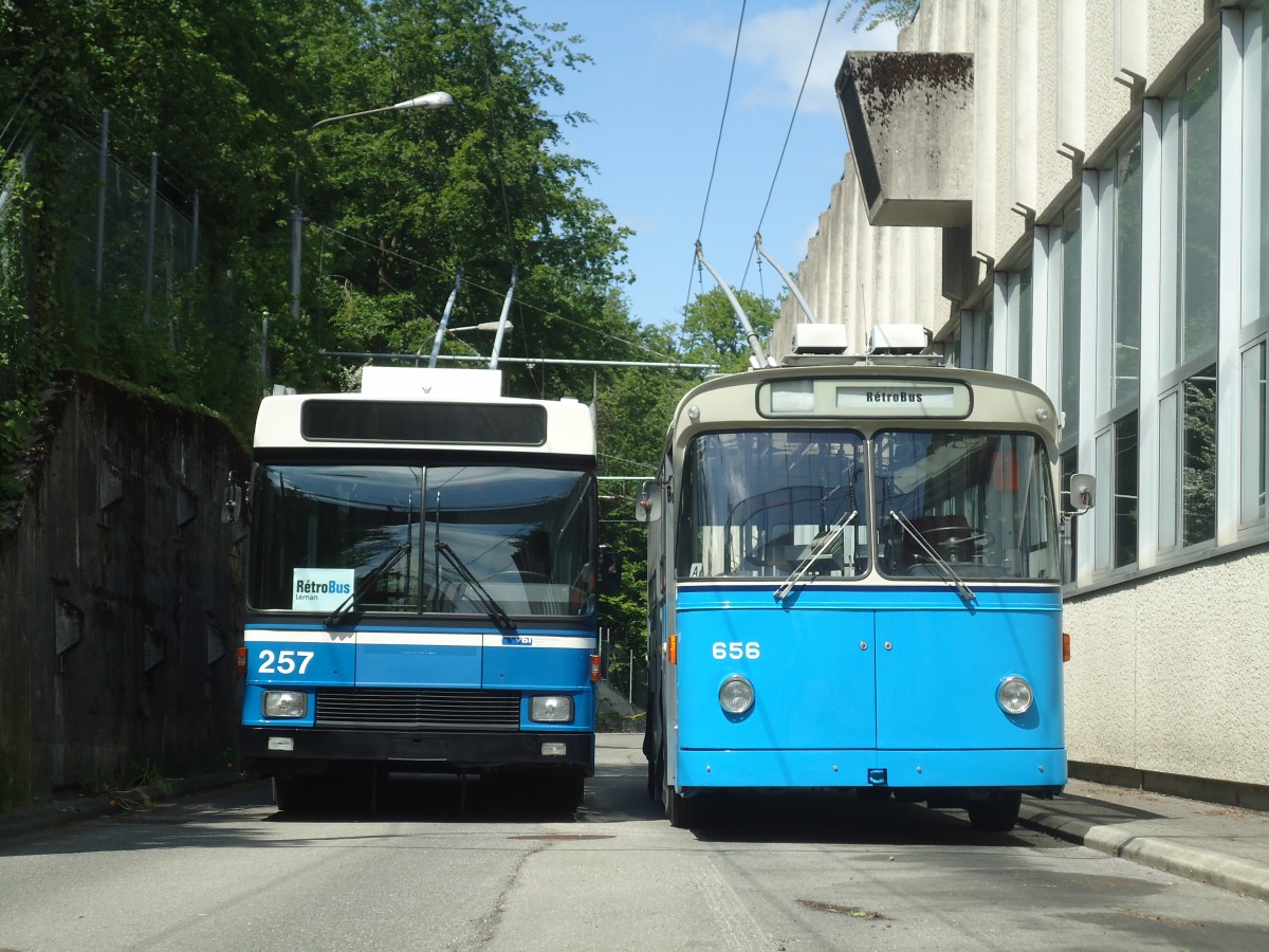 (138'758) - VBL Luzern (R�trobus) - Nr. 257 - NAW/R&J-Hess Trolleybus + TL Lausanne (R�trobus) - Nr. 656 - FBW/Eggli Trolleybus am 13. Mai 2012 in Lausanne, D�p�t Borde