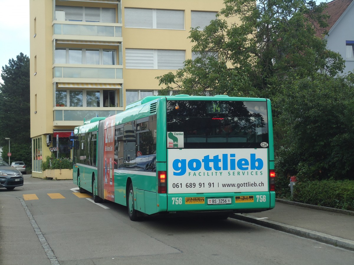 (140'467) - BVB Basel - Nr. 756/BS 3256 - MAN am 11. Juli 2012 in Pratteln, Bahnhofstrasse