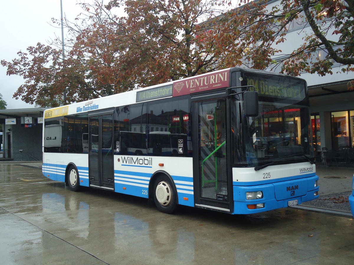 (141'479) - WilMobil, Wil - Nr. 225/SG 245'705 - MAN/G�ppel (ex Wick, Wil Nr. 5) am 12. September 2012 beim Bahnhof Wil