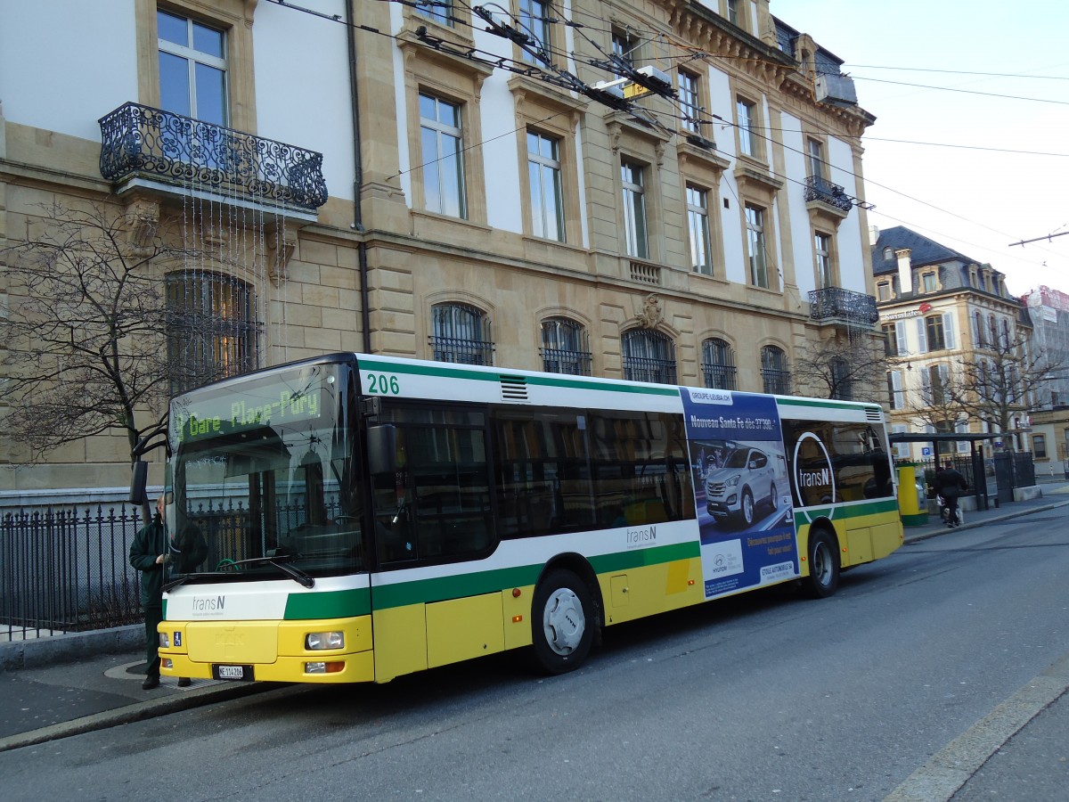 (142'738) - transN, La Chaux-de-Fonds - Nr. 206/NE 114'206 - MAN (ex TN Neuchtel Nr. 206) am 29. Dezember 2012 in Neuchtel, Place Pury