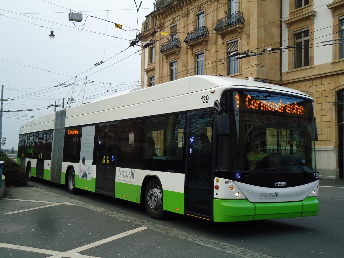 (142'743) - transN, La Chaux-de-Fonds - Nr. 139 - Hess/Hess Gelenktrolleybus (ex TN Neuch�tel Nr. 139) am 29. Dezember 2012 in Neuch�tel, Place Pury