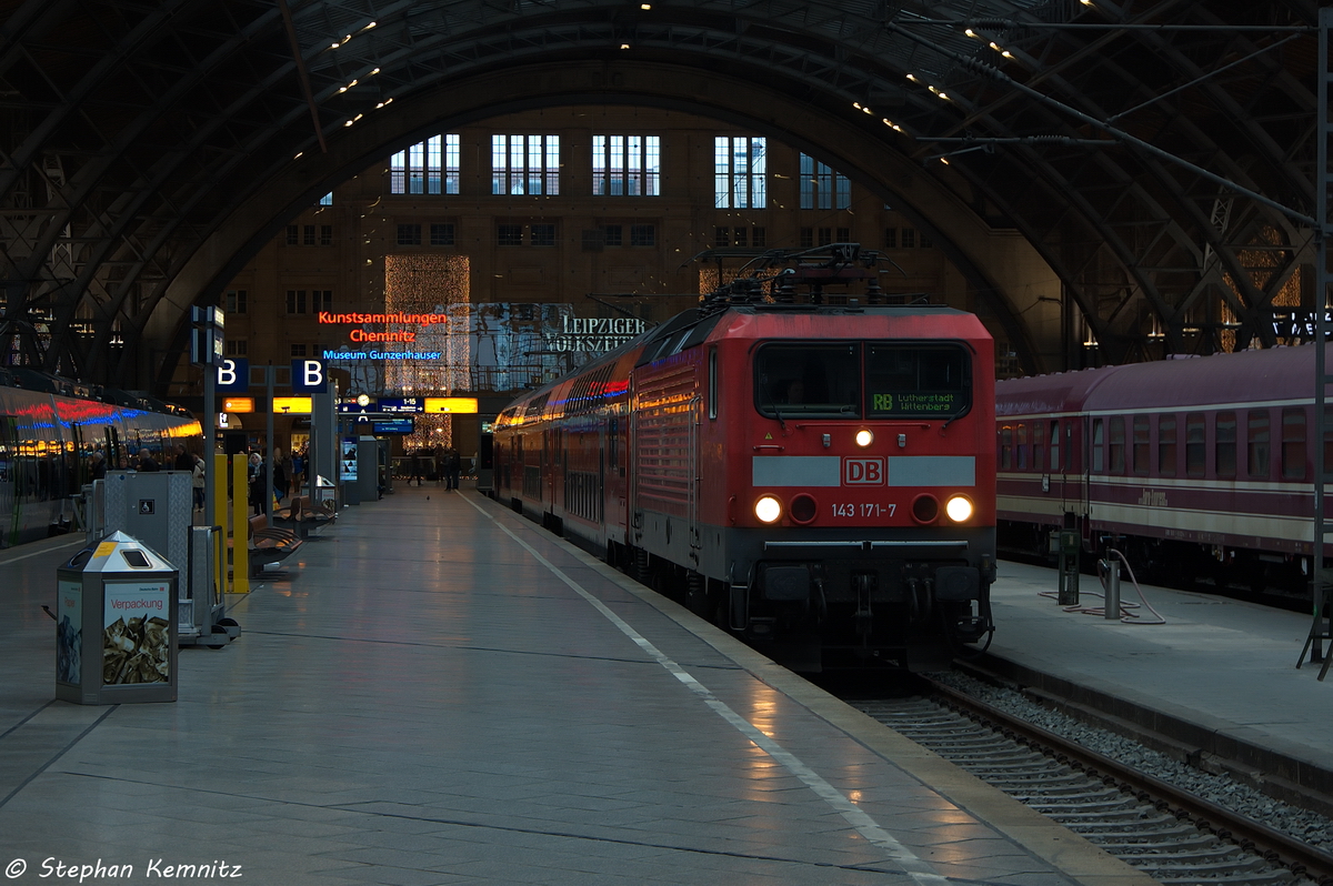 143 171-7 mit der RB57 (RB 26142) von Leipzig Hbf nach Lutherstadt Wittenberg im Leipziger Hbf. 30.11.2013