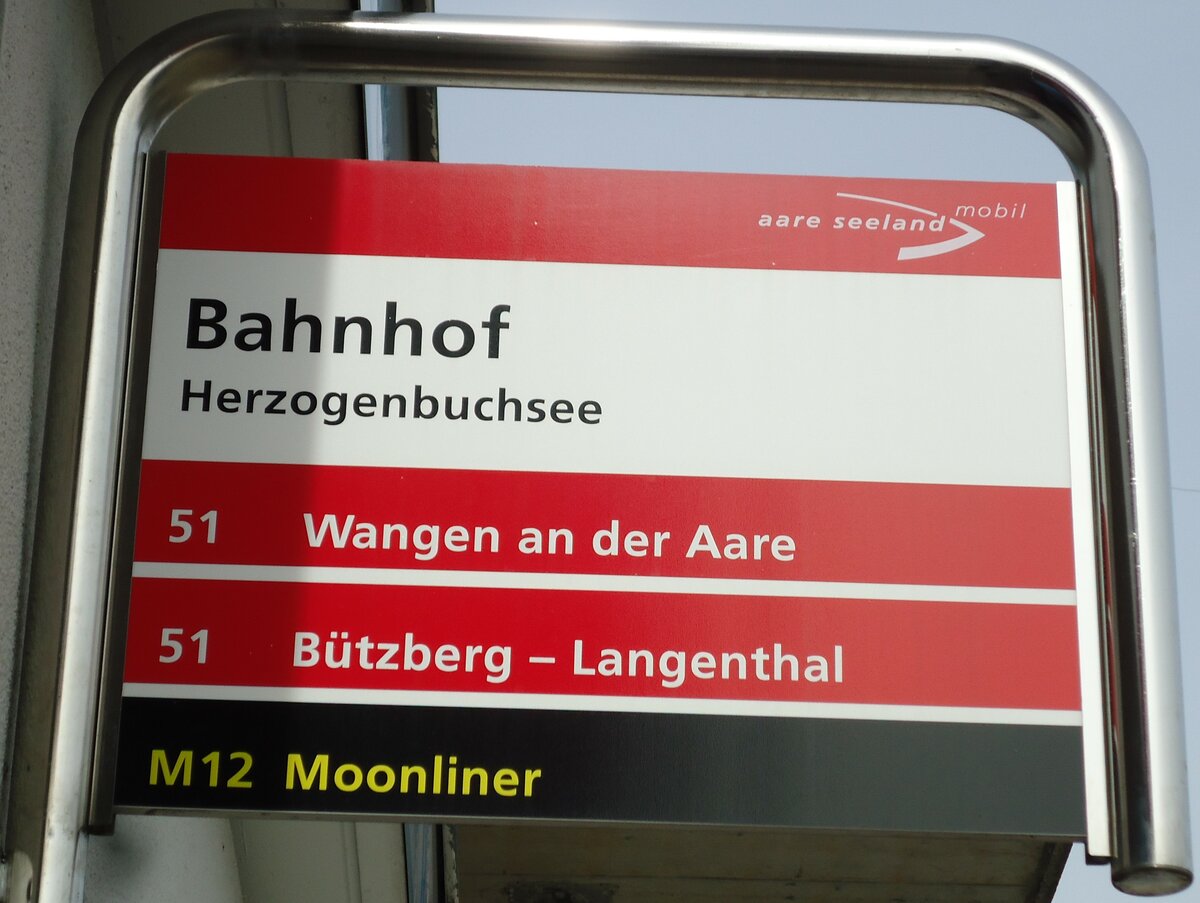 (143'495) - aare seeland mobil-Haltestellenschild - Herzogenbuchsee, Bahnhof - am 16. M�rz 2013
