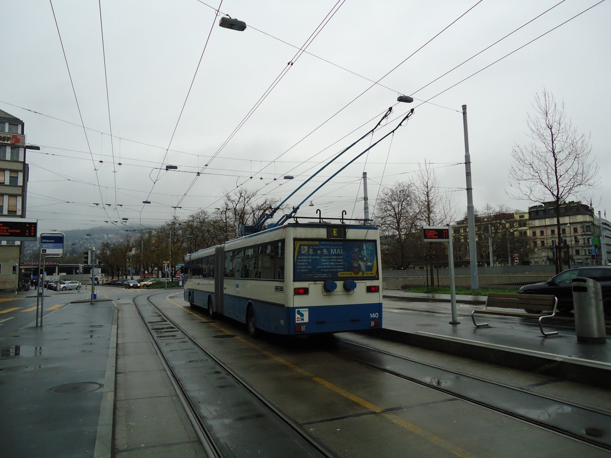 (143'727) - VBZ Zrich - Nr. 140 - Mercedes Gelenktrolleybus am 21. April 2013 in Zrich, Sihlpost