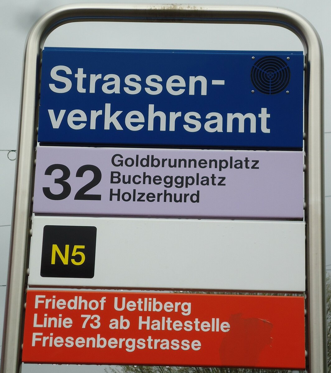 (143'794) - ZVV-Haltestellenschild - Z�rich, Strassenverkehrsamt - am 21. April 2013